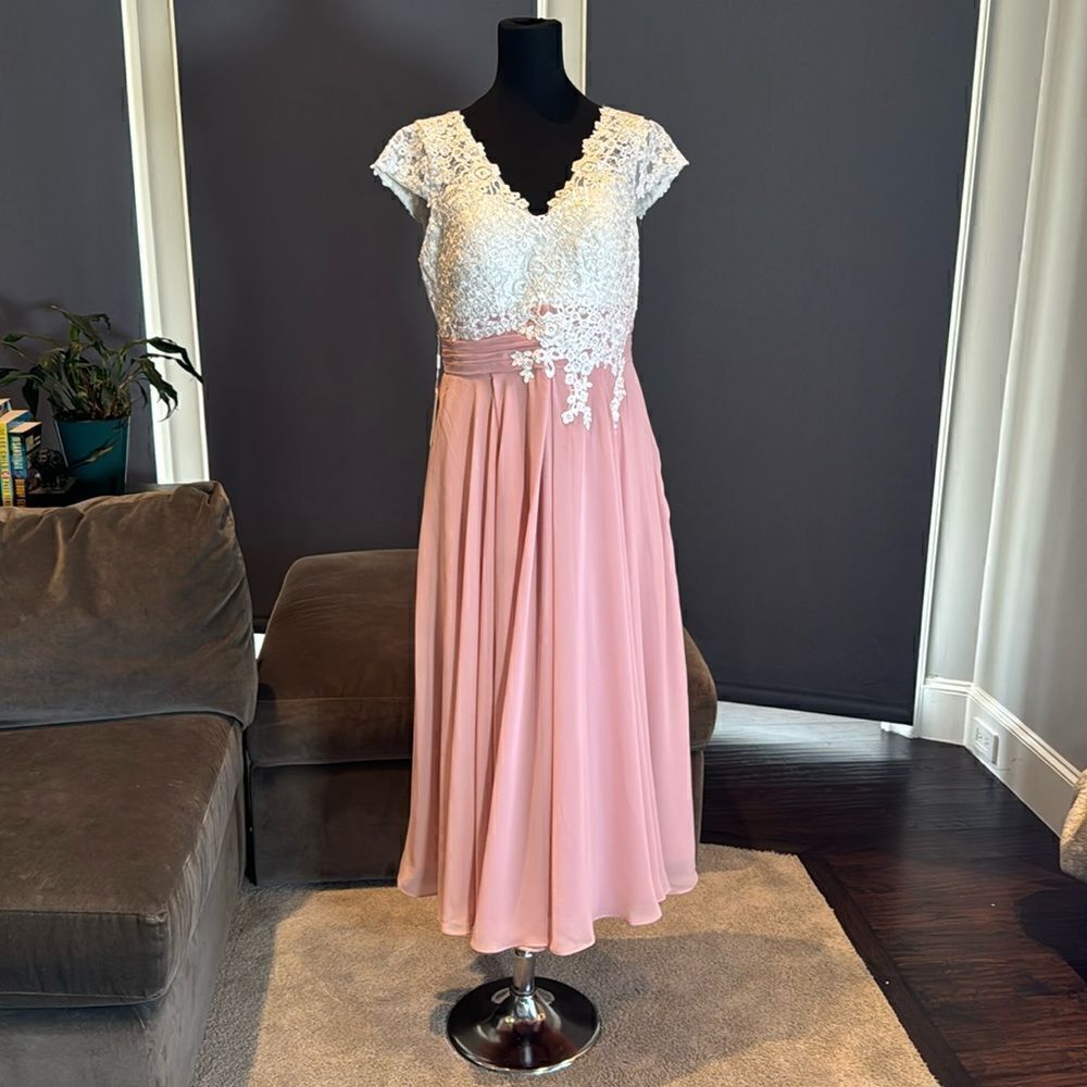 Women’s Ivory Lace Top Pink Chiffon V-Neck Cap Sleeves Formal Dress Size 10 NEW